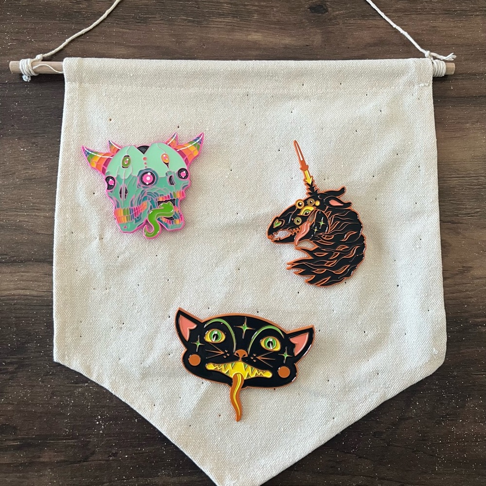 Set of 3 Colorful Enamel Pins by Almost Amusing (Skull, Cat and Unicorn)